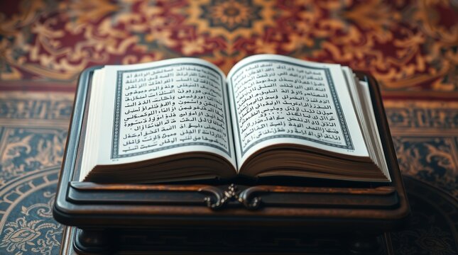 Open quran on a wooden stand placed on an ornate patterned prayer rug