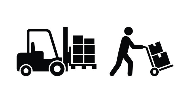 Forklift Pallet Of Boxes And Person With Hand Truck In Black Silhouette cart delivery logistics transport shipping warehouse