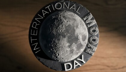 Fototapeta premium International moon day celebration with a moon sculpture on wood