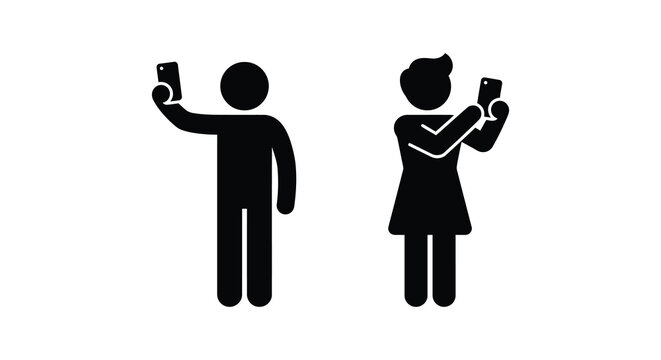 Two figures taking self portraits with mobile phones simple black silhouette person male figure female selfie self portrait phone