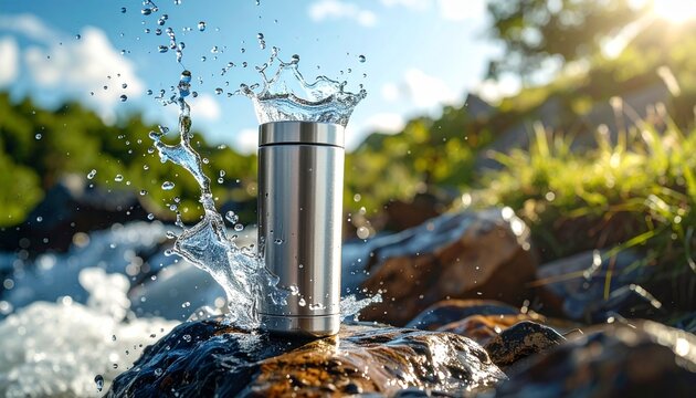 Water splashes on a metal cylinder on rocks by a stream with greenery and a sunny blue sky