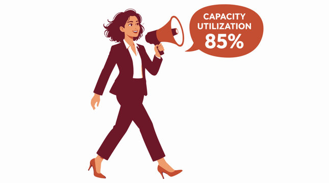Businesswoman holding megaphone with capacity utilization sign.