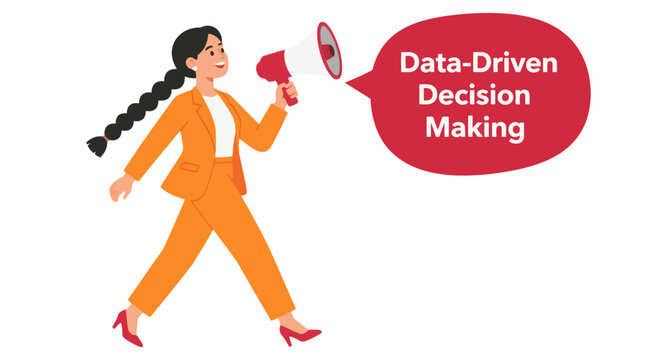 Confident businesswoman with megaphone announcing data driven decisions.