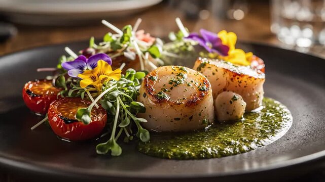 Pan-seared sea scallops with golden crust on black plate, garnished with roasted cherry tomatoes, microgreens, edible pansy flowers, and green herb sauce in restaurant.