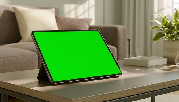 A green screen tablet stands on a wooden coffee table in a modern living room with a couch and plants.