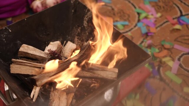 Macro view of glowing holy fire flames burning in a Havan Kund during a Hindu wedding, symbolizing purity, divine blessings, sacred vows, and spiritual union.