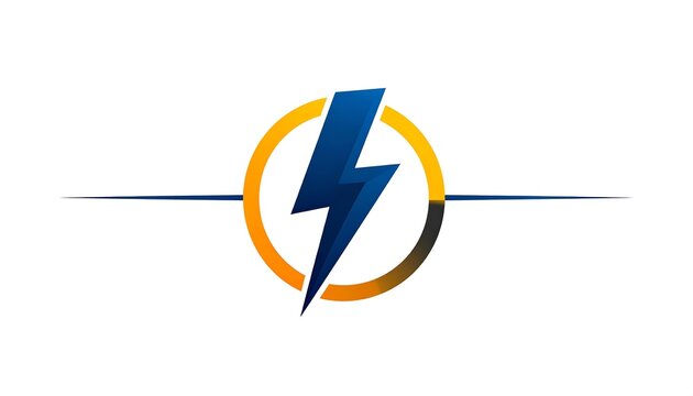 A stylized image features a blue lightning bolt inside an orange and black circle, with horizontal lines extending from each side