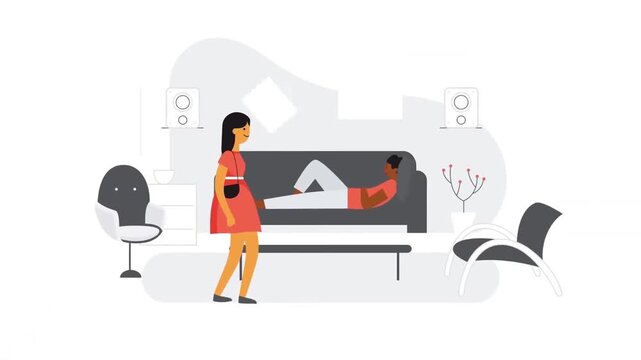 Animated Scene of Young Woman Approaching Man Relaxing on Living Room Sofa, Couple Lifestyle, Domestic Relationship Concept
