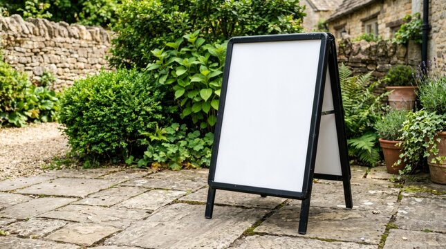 White sandwich board mockup standing on stone patio in a lush garden setting with sharp focus for restaurant and boutique shop branding