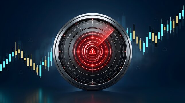 Advanced financial radar displaying stock market risk analysis with red alert symbol and rising candlestick charts on a dark blue background.