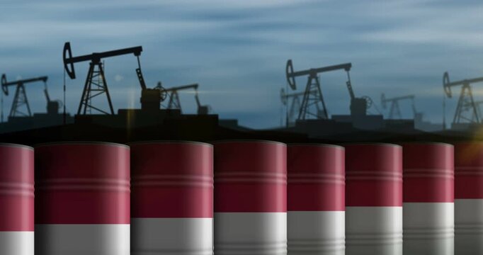 Indonesia oil business and fuel extraction barrels in row seamless and loopable concept. Indonesian petrol industrial containers.