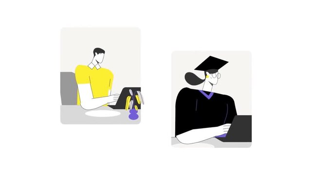 Animated Student Taking Notes and Teacher Explaining Lesson via Digital Split Screen, Distance E-Learning, Education Technology Concept
