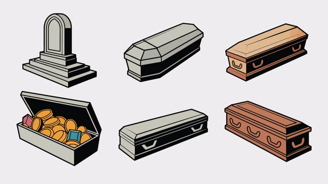 Isometric illustrations featuring a tombstone, various coffins, and a treasure chest filled with gold coins
