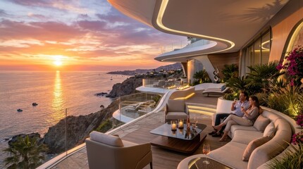 Obraz premium Luxury modern villa terrace with ocean sunset view and couple enjoying wine