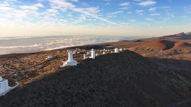 Aerial Panorama of Teide Observatory Above the Clouds at Sunrise, Tenerife, Canary Islands