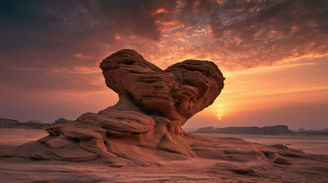 Sunset paints the sky in warm, glowing hues. Lone rock formation stands tall, shaped like a heart. Its rugged surface tells stories of time and wind. The desert stretches wide, quiet and endless