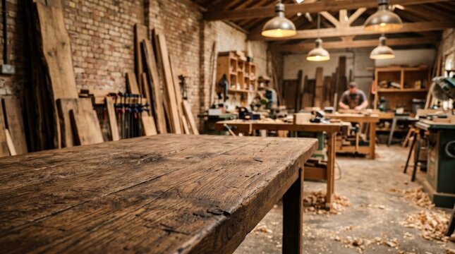 Wooden workbench surface in a rustic carpentry workshop with warm industrial lighting and bokeh background for craft industry marketing