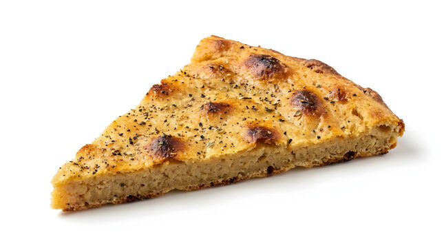 Slice of traditional Uruguayan Fain&aacute; chickpea flatbread, perfectly isolated on a clean white background for food design