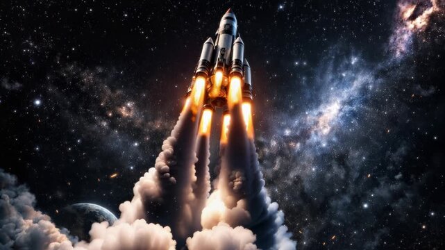 Powerful multistage rocket liftoff captured in detail, blazing engines and billowing exhaust plumes illuminate a star-filled Milky Way backdrop as it ascends toward orbit.