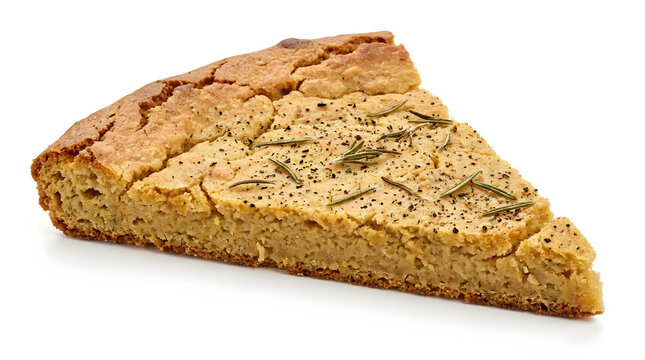 Slice of traditional Uruguayan Fain&aacute; chickpea flatbread, perfectly isolated on a clean white background for food design