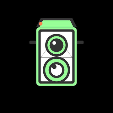 A minimalist flat icon of a vintage mint green twin lens reflex camera on black.