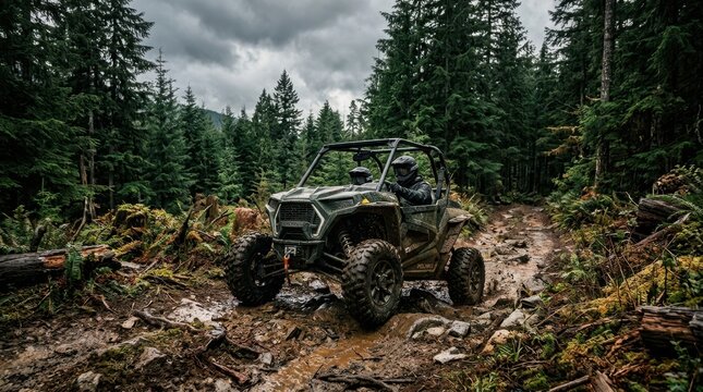 All-terrain vehicle navigating a muddy forest trail with dense evergreen trees
