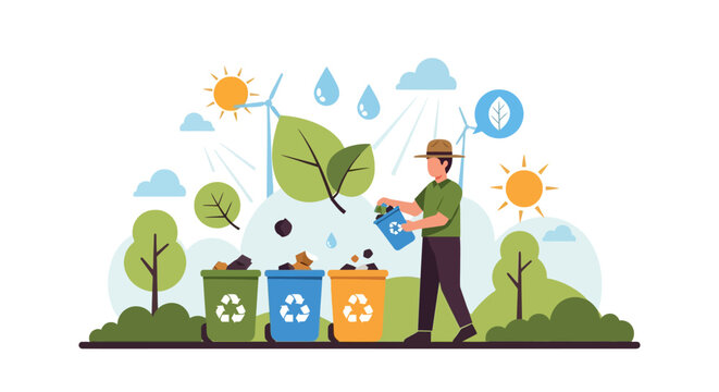 Man sorting recycling bins with renewable energy symbols in background.