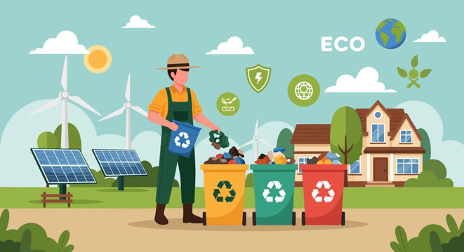 Man sorting trash into recycling bins with eco friendly energy sources.