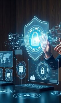 Cybersecurity concept with hand interacting with glowing digital shield HUD interface, padlocks, server data, network icons, and world map on futuristic virtual screen for data protection and privacy.