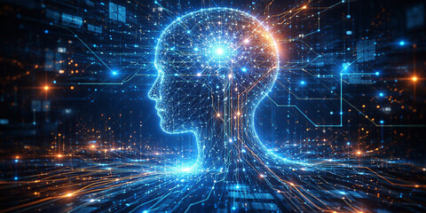 Fototapeta premium Artificial Intelligence Concept with Glowing Digital Human Head and Data Circuits