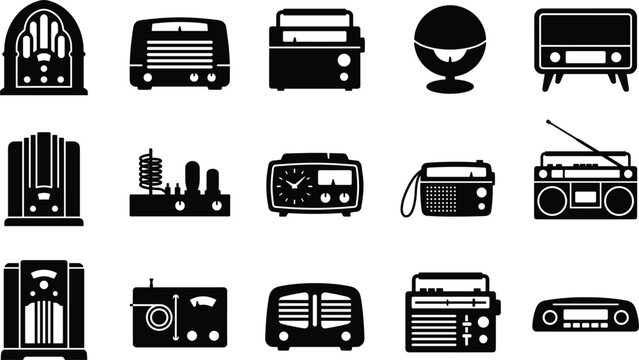 Vintage Radio and Retro Audio Device Icon Set Featuring Classic Broadcast Receivers Old Communication Equipment and Antique Technology Symbols