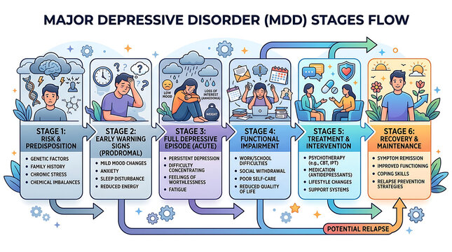 Depression stages flow chart illustrates mental health conditions progression