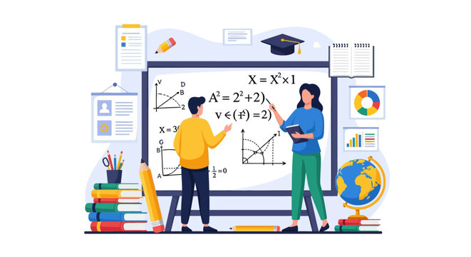 Two people teaching and learning mathematics at a whiteboard.