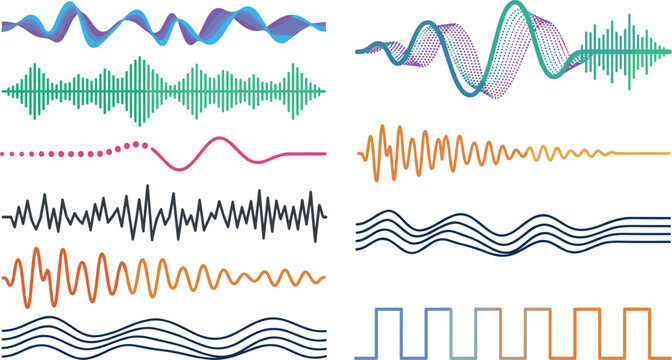 Abstract Audio Waveform and Sound Frequency Element Set Featuring Digital Signal Lines Music Visualization Equalizer Patterns and Modern Technology Design
