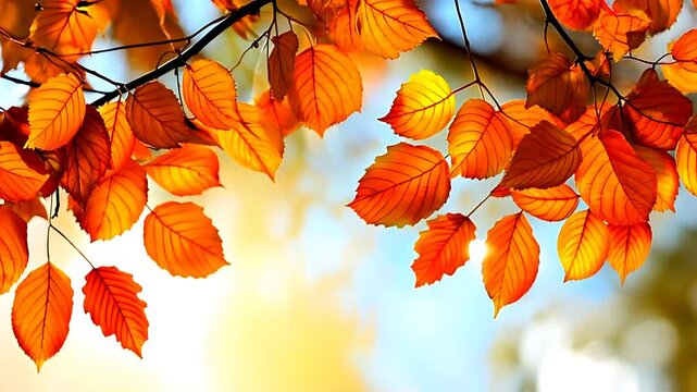 Vivid fall colors in foliage with bright orange, yellow, red, and gold leaves under the sun. Ideal for autumnthemed designs.