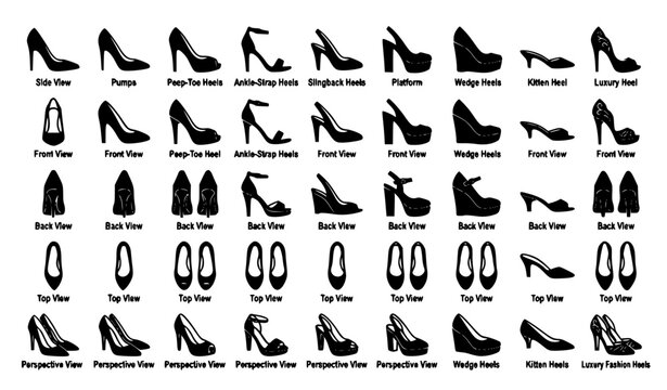 High Heel Shoes Set Different Views Black Silhouette Fashion Footwear Vector Collection