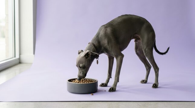 Grey Italian Greyhound eating dry kibble from a bowl.