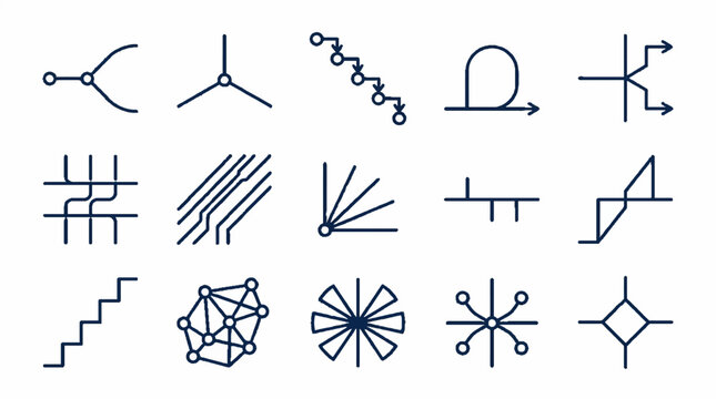 Collection of abstract technical line icons representing data flow and connectivity.