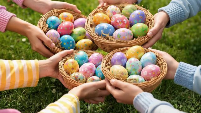 Close-up scene of multiple hands holding woven baskets filled with colorful decorated Easter eggs on green grass during a spring outdoor family gathering and holiday celebration