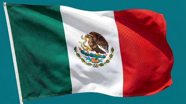 Realistic Mexico flag waving in the wind against a solid blue background, ideal for seamless design integration.