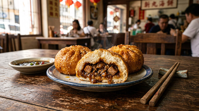Close-up of split pan-fried siopao revealing a savory pork filling in a busy Chinese-Filipino eatery