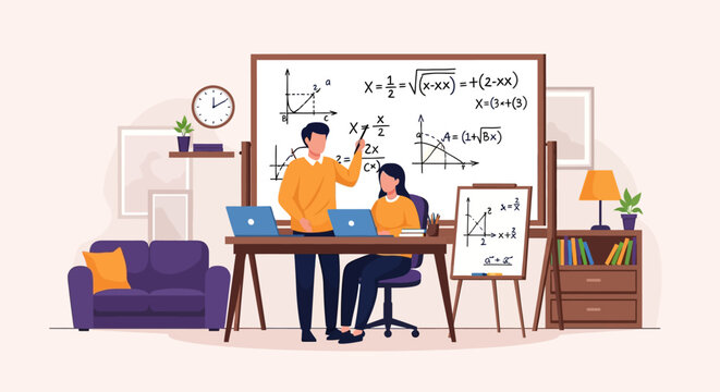 Teacher instructing student with math formulas on whiteboard.