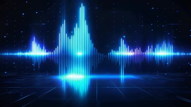 Futuristic neon-blue audio waveform visualization with glowing vertical equalizer bars, reflective grid surface and starry backdrop representing a digital sound spectrum and pulse