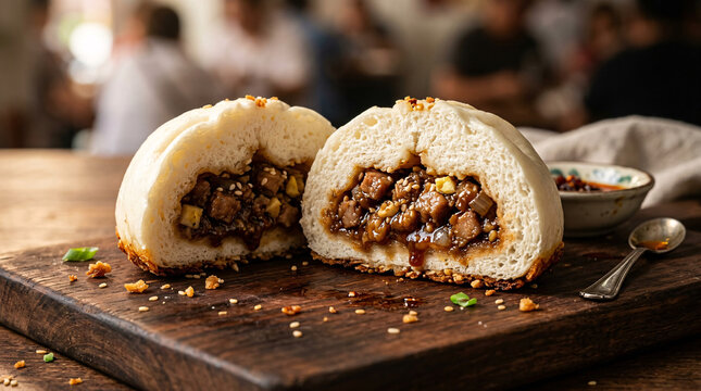 Split steamed pork siopao buns with rich savory filling, sesame, and scallions