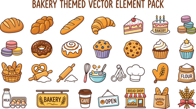 Color vector element pack of bakery goods, pastries, bread, cakes, tools, and caf&eacute; decorations for culinary design projects