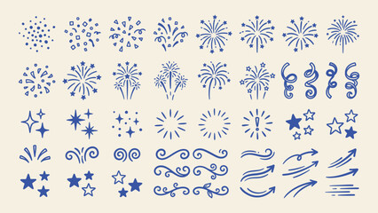 Hand drawn blue doodle fireworks stars confetti and arrows vector set for festive celebration design © Artastic