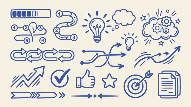 Hand drawn business doodle icon set with arrows light bulb target and progress bar vector elements for workflow and planning
