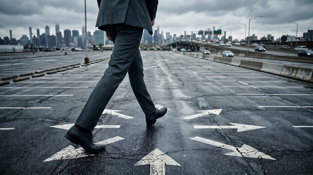 Businessman walking on a wet asphalt road at a crossroads with white arrows pointing in multiple directions, choosing career paths.