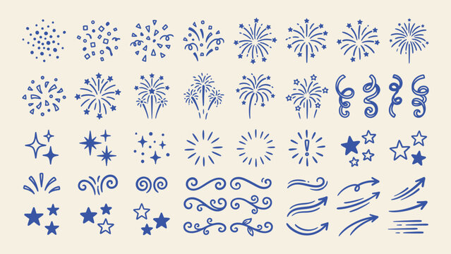 Hand drawn blue doodle fireworks stars confetti and arrows vector set for festive celebration design