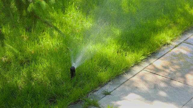 Pop up irrigation head spraying water drops onto the green lawn by the walkway.